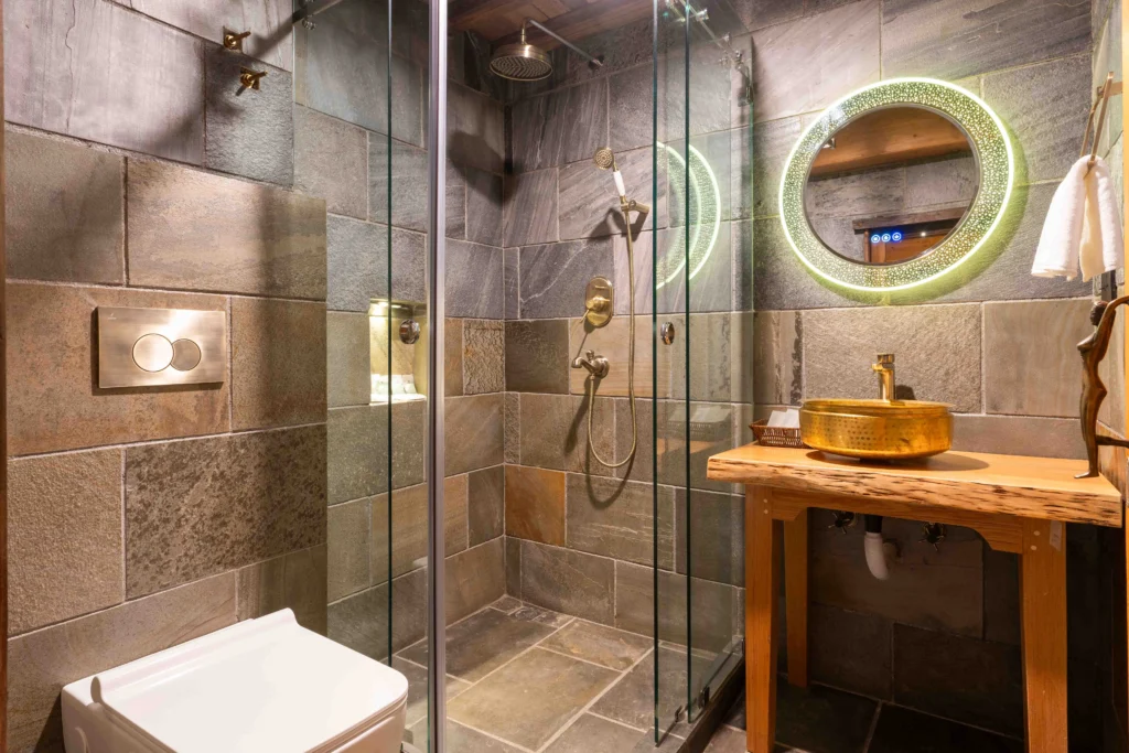 Bathroom of a hotel room designed using Nepali heritage concept.