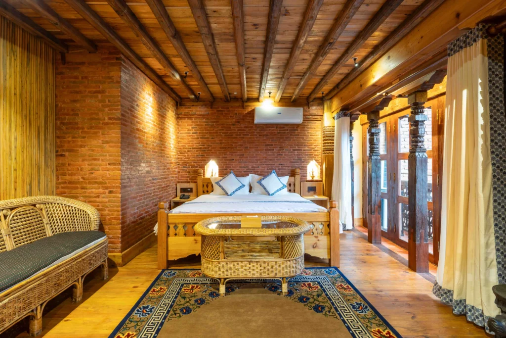 Traditional Nepali hotel room at Patan along with other hotel amenities.