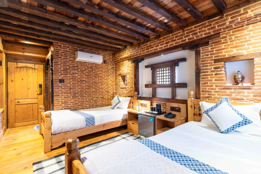 Traditional Nepali hotel room design at Patan along with other hotel amenities.
