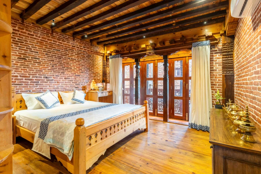 Traditional Nepali heritage bed room of a hotel at Patan.